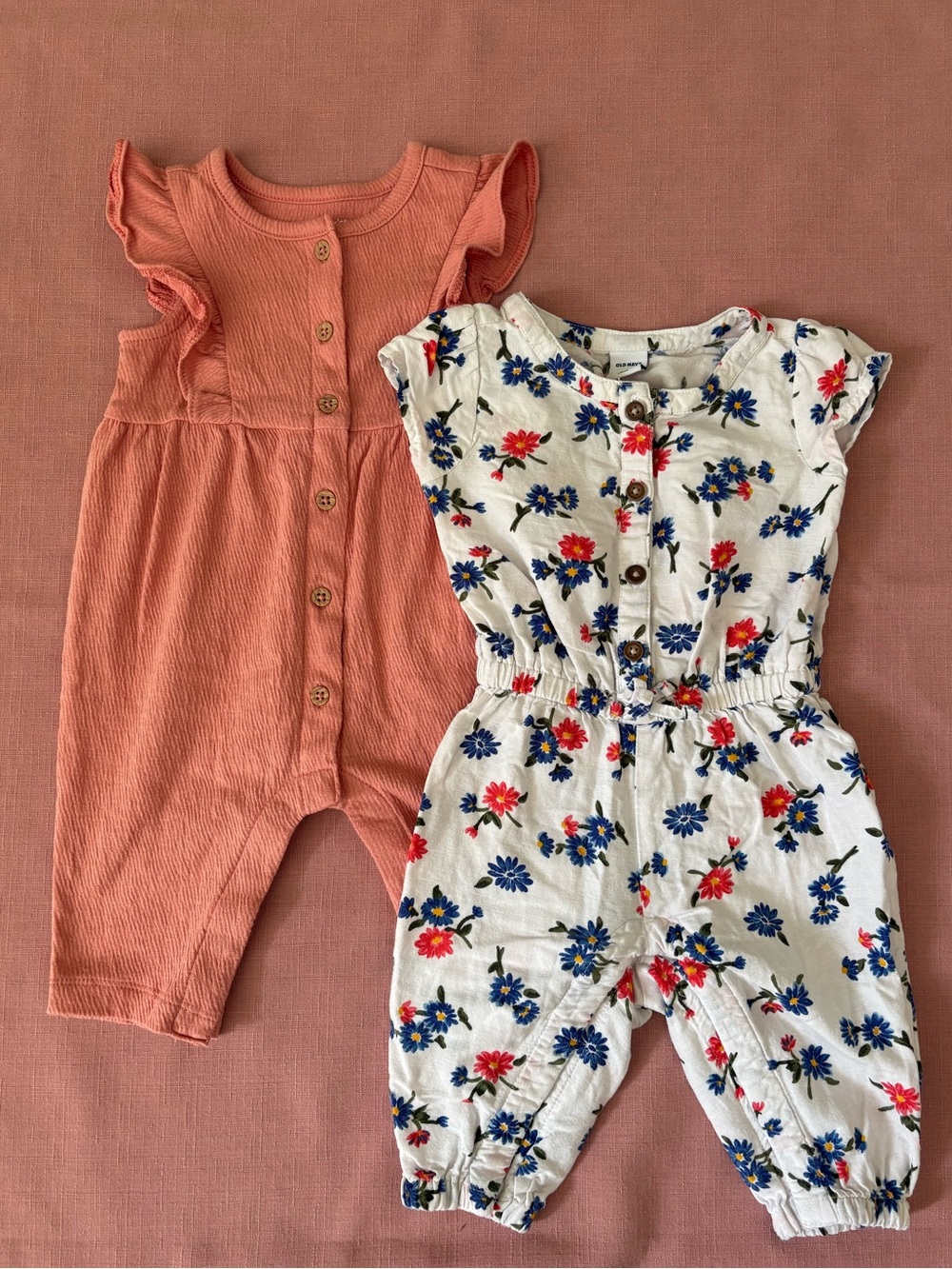 🌸 Baby Girl Old Navy Coral Textured Romper & White Floral Romper Set